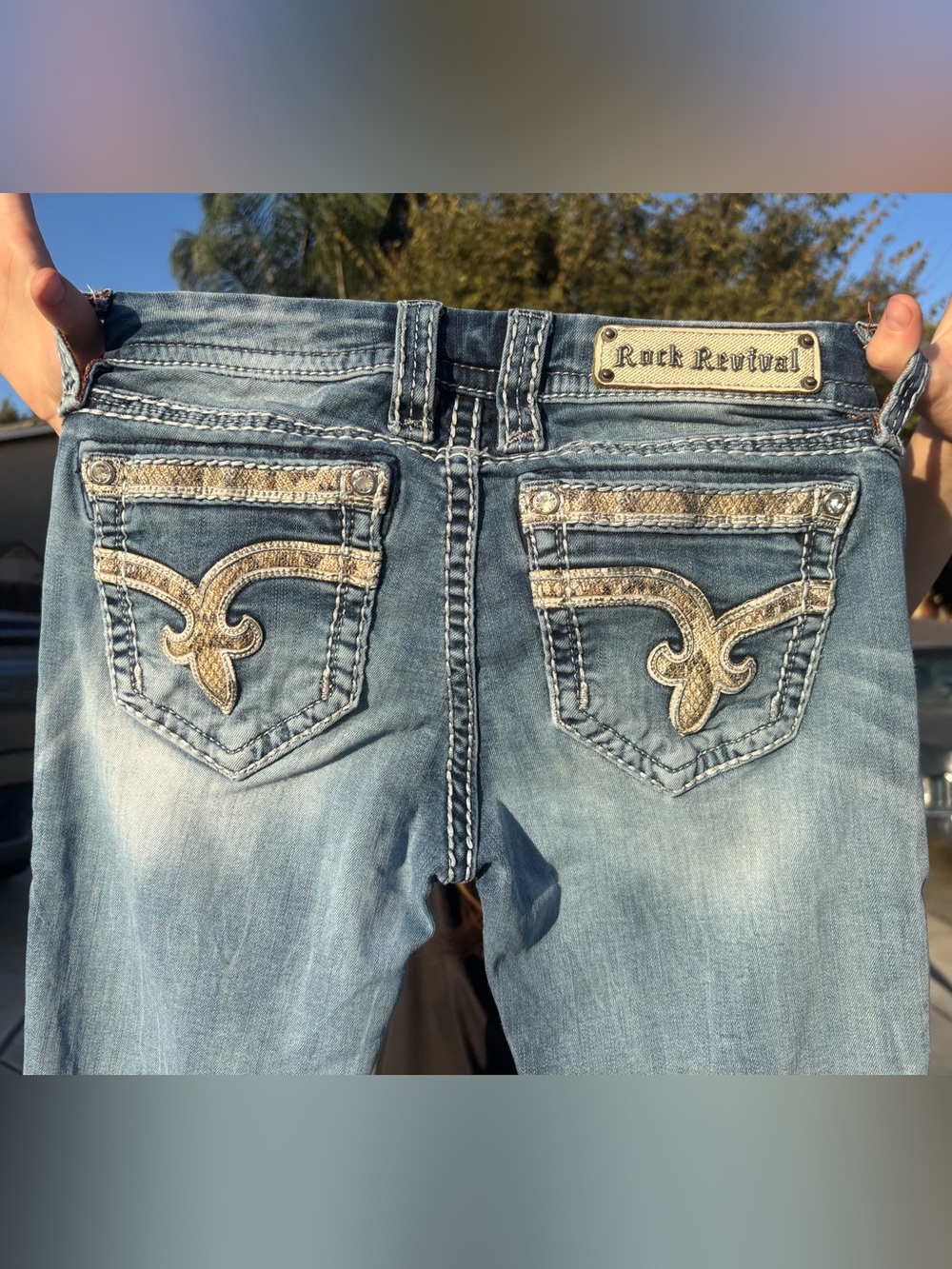 Rock Revival Women’s Light Blue Boot Cut Jeans with Gold Embroidery